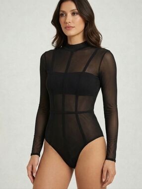 Revamped Black Mesh Bodysuit M High Neck Sheer Layering Top Edgy Modern Y2k